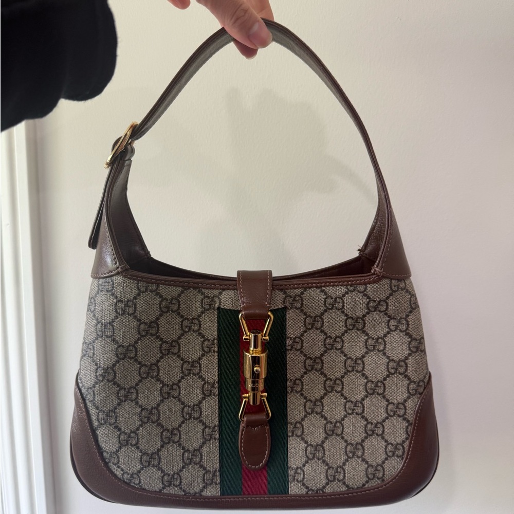 Gucci Brown and Beige Shoulder Bag with Green and Red Stripe